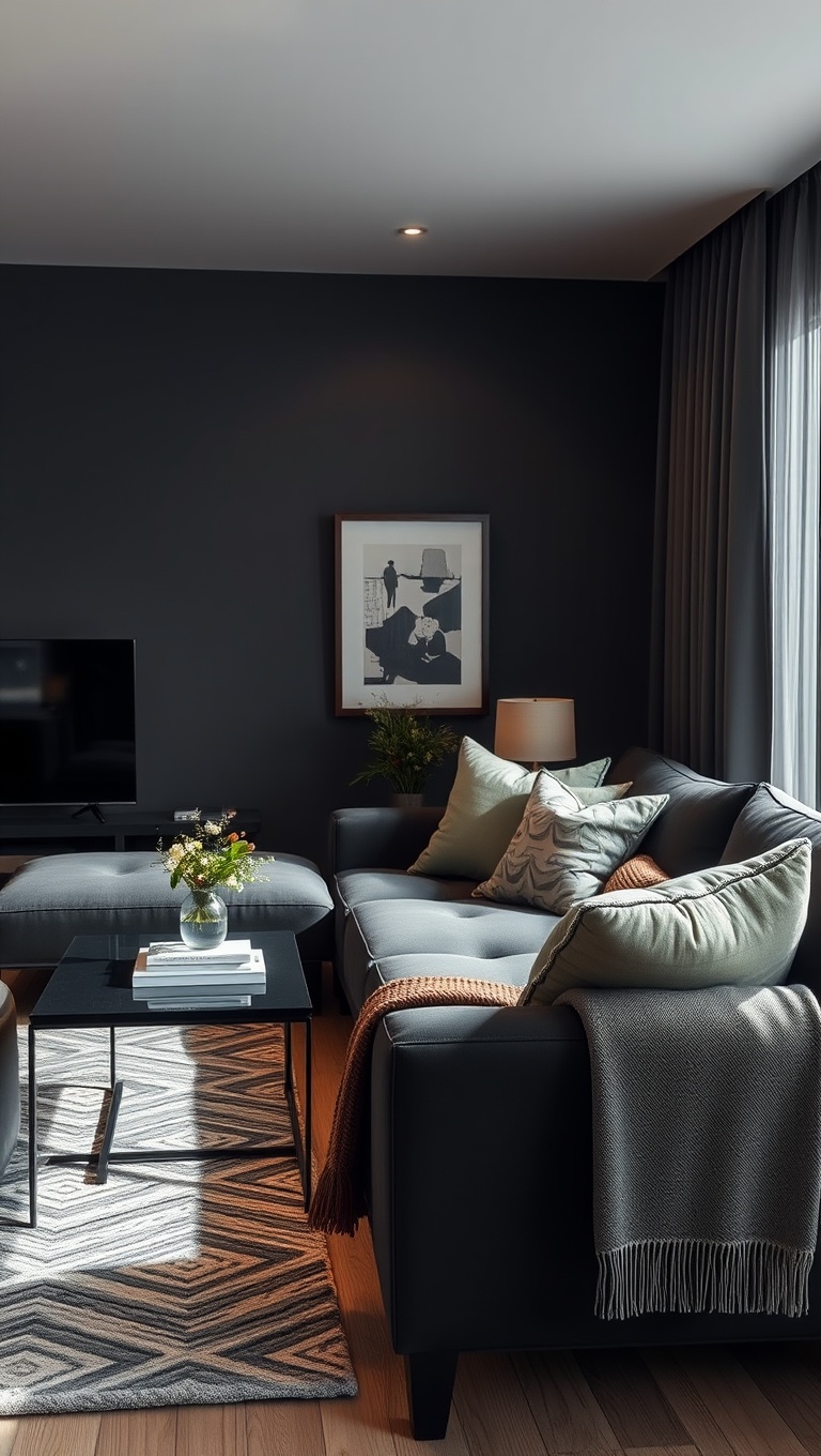 20 Chic Ideas for Styling Your Black Couch Living Room - Layered Lighting: Set the Mood