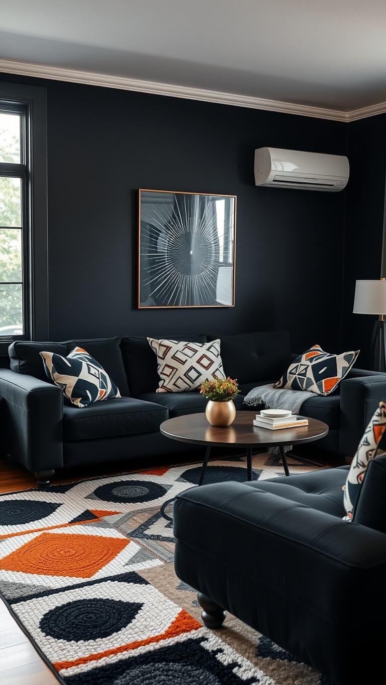 20 Chic Ideas for Styling Your Black Couch Living Room - Geometric Patterns: Fun and Funky Rugs