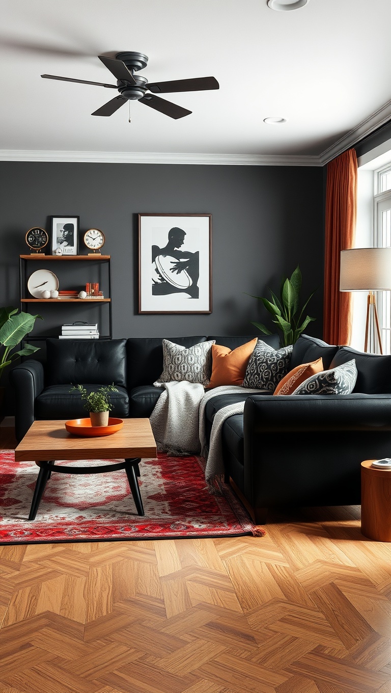 20 Chic Ideas for Styling Your Black Couch Living Room - Vintage Vibes: Incorporate Retro Pieces