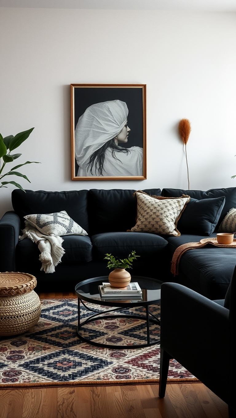 20 Chic Ideas for Styling Your Black Couch Living Room - Boho-Chic: Add Natural Elements