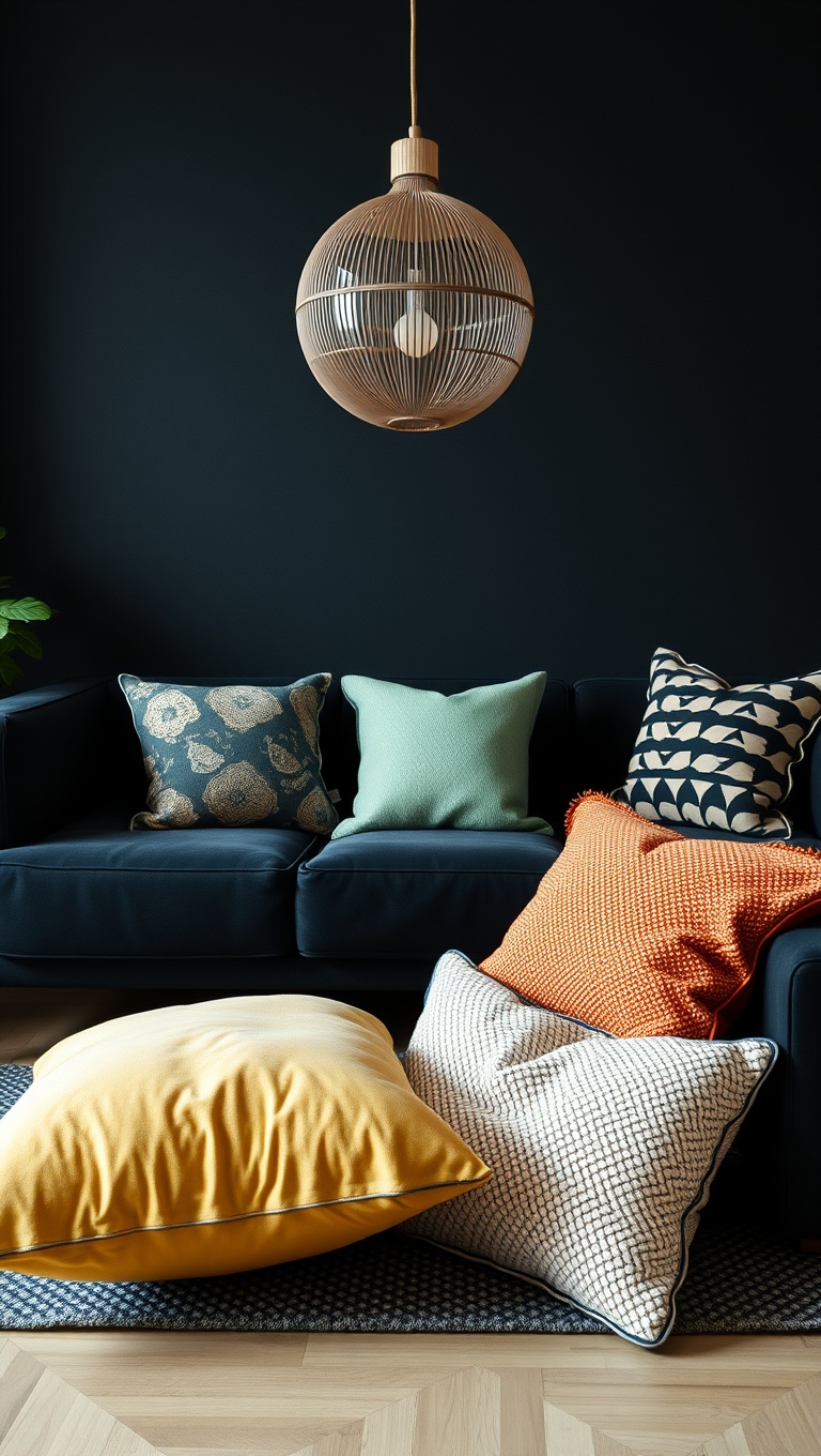 20 Chic Ideas for Styling Your Black Couch Living Room - Playful Pillows: Mix and Match
