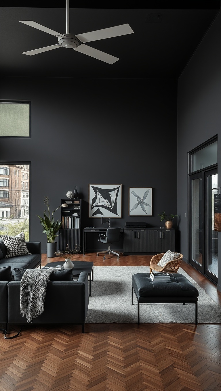 20 Chic Ideas to Elevate Your Black Living Room Style - 20. Functional Spaces: Living Room Meets Home Office