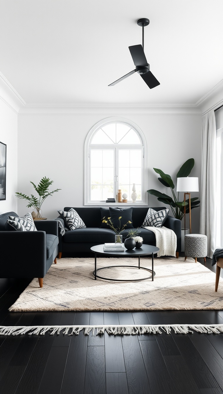 20 Chic Ideas to Elevate Your Black Living Room Style - 14. Rugs that Wow: Ground Your Space
