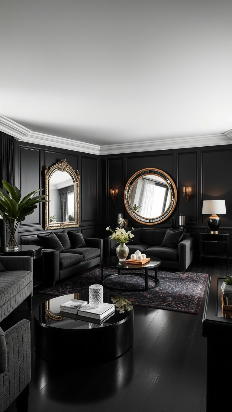 20 Chic Ideas to Elevate Your Black Living Room Style - 17. Mirrors: Reflecting Elegance