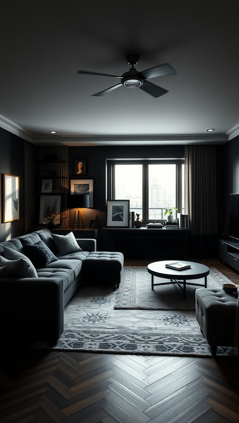 20 Chic Ideas to Elevate Your Black Living Room Style - 5. Layered Lighting: Set the Mood