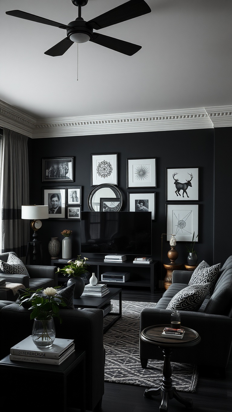 20 Chic Ideas to Elevate Your Black Living Room Style - 6. Artful Displays: Showcase Your Personality