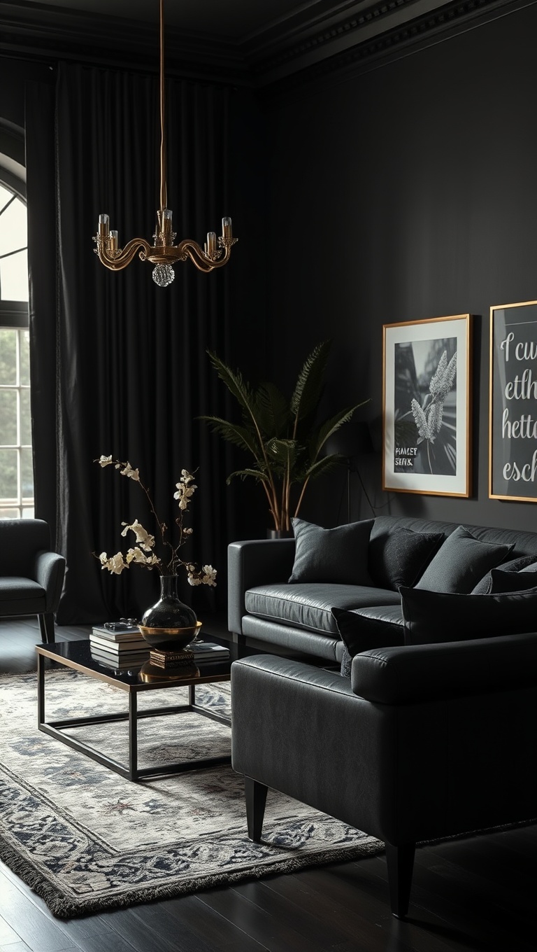 20 Chic Ideas to Elevate Your Black Living Room Style - 4. Metallic Touches: Adding a Glamorous Glow