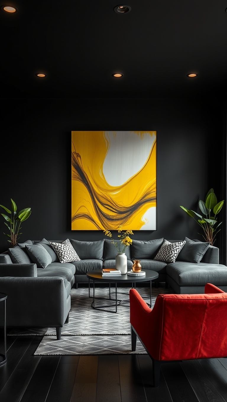 20 Chic Ideas to Elevate Your Black Living Room Style - 2. Contrast with Bright Accents: Popping Colors