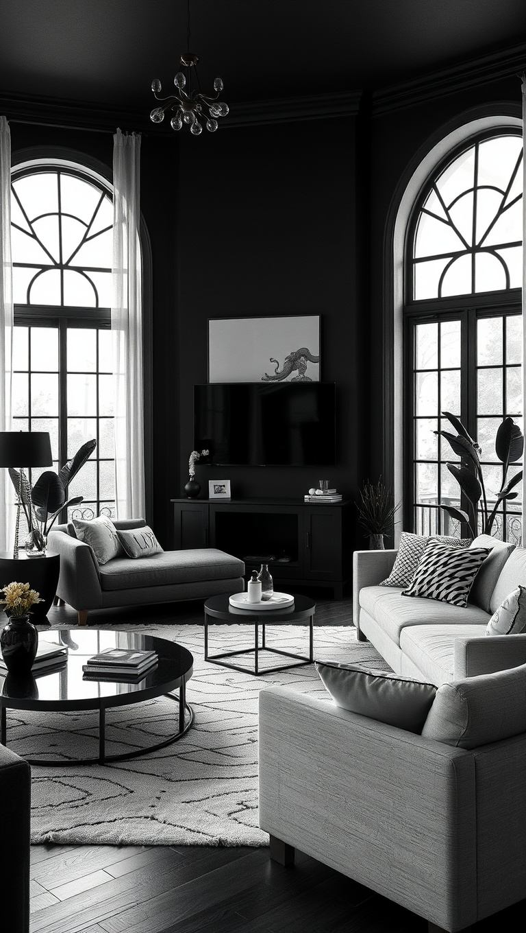 20 Chic Ideas to Elevate Your Black Living Room Style - 8. Monochrome Magic: Black and White Bliss