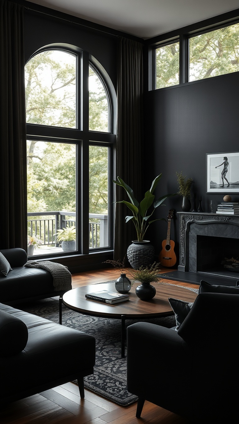 20 Chic Ideas to Elevate Your Black Living Room Style - 7. Natural Elements: Bring the Outdoors In