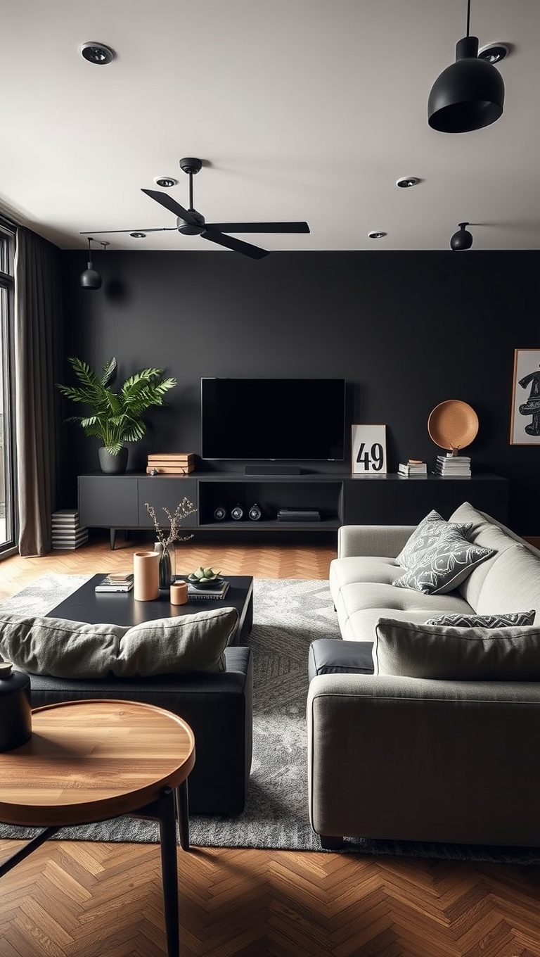 20 Chic Ideas to Elevate Your Black Living Room Style - 10. Industrial Chic: Embrace Raw Materials