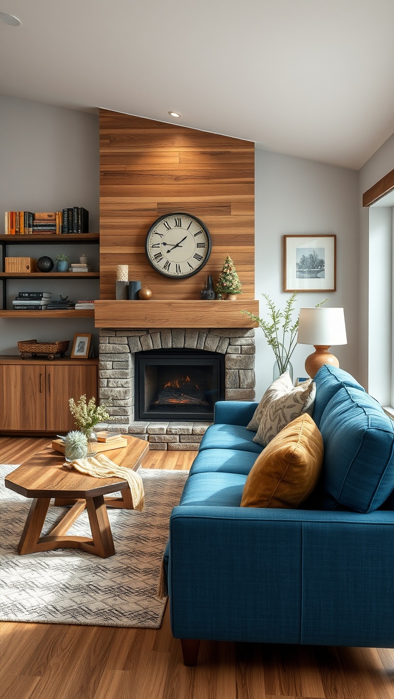 20 Stunning Ideas to Style Your Blue Couch Living Room - 5. Rustic Charm with Wooden Elements