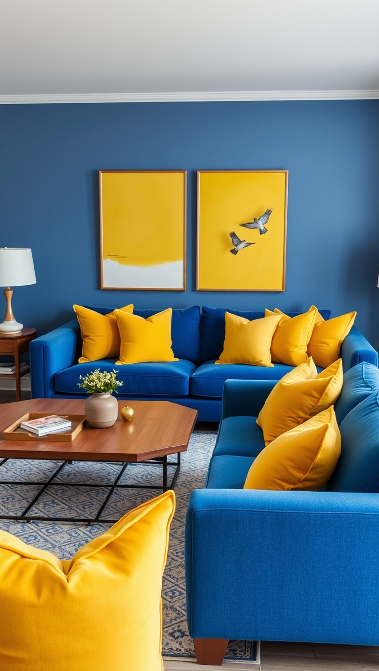 20 Stunning Ideas to Style Your Blue Couch Living Room - 2. Go Bold with Yellow Pillows