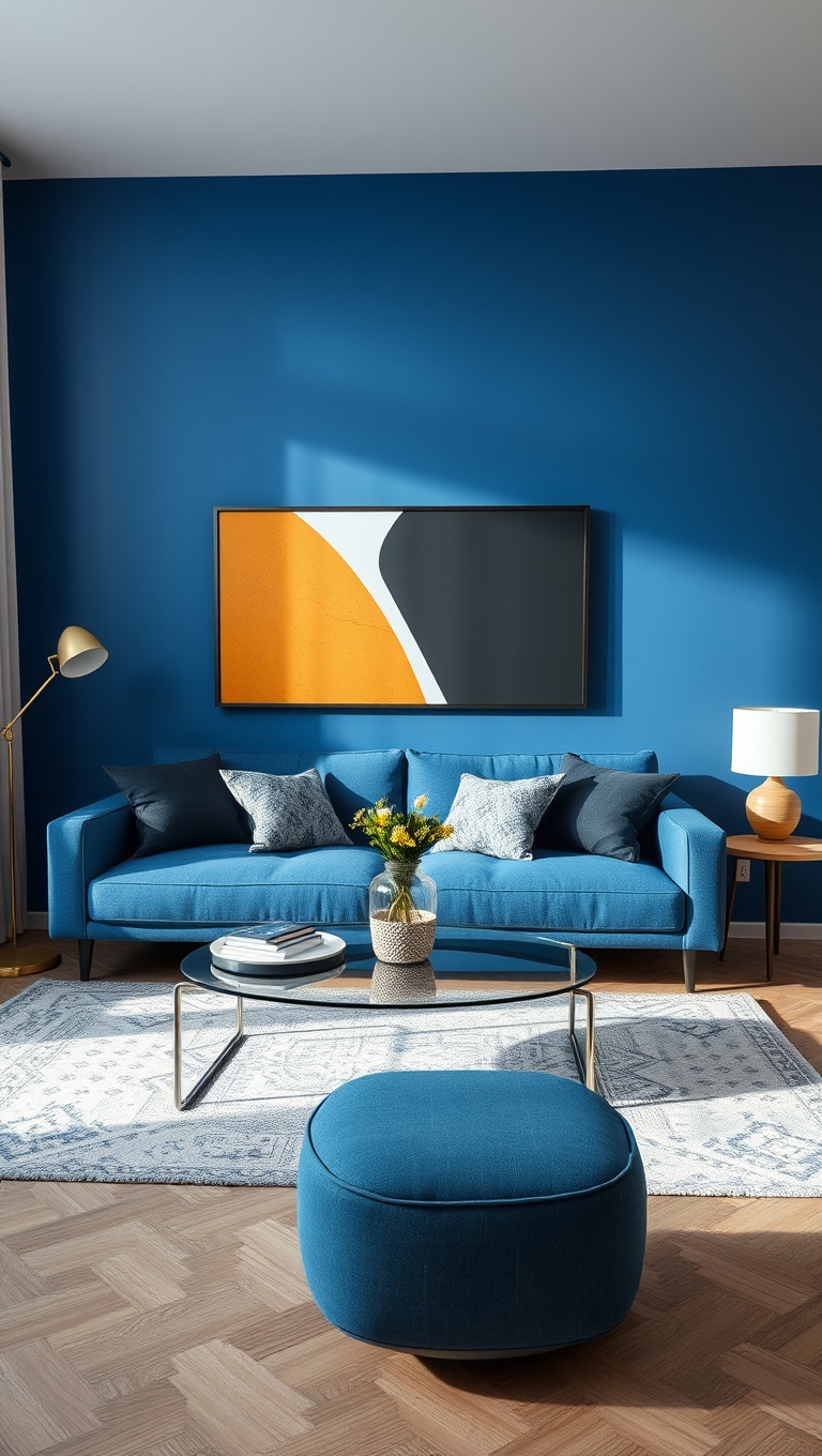 20 Stunning Ideas to Style Your Blue Couch Living Room - 11. Geometric Shapes for Modern Appeal