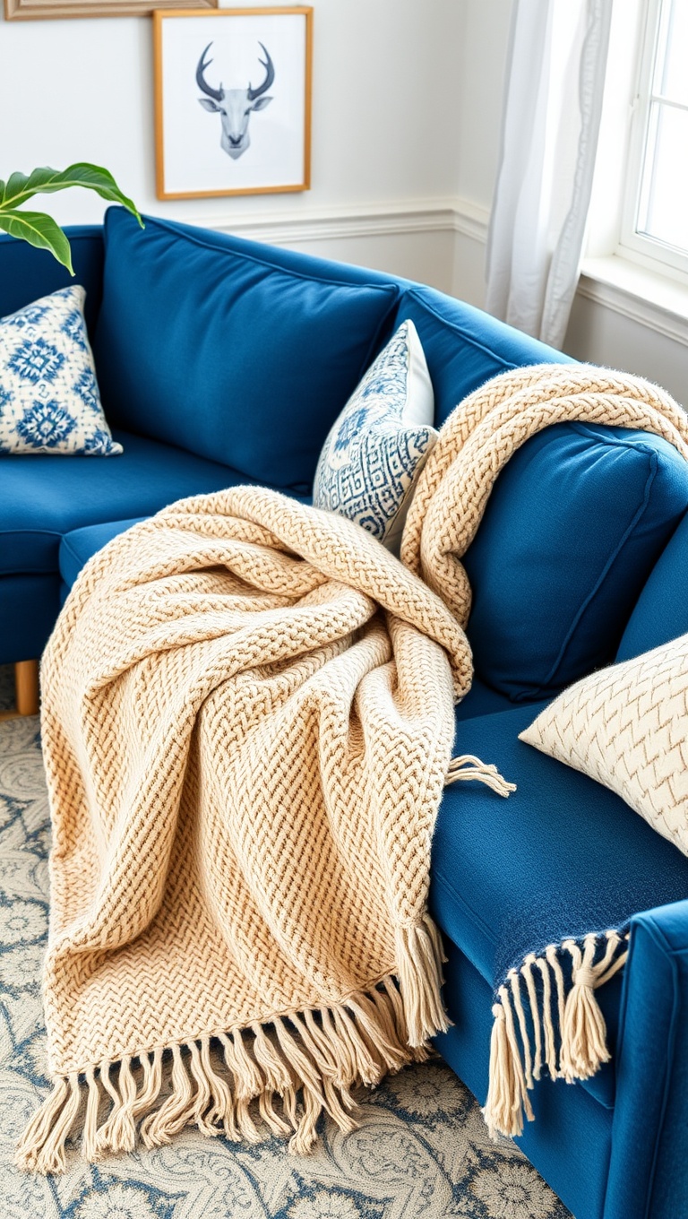 20 Stunning Ideas to Style Your Blue Couch Living Room - 13. Cozy Throws for Warmth and Style