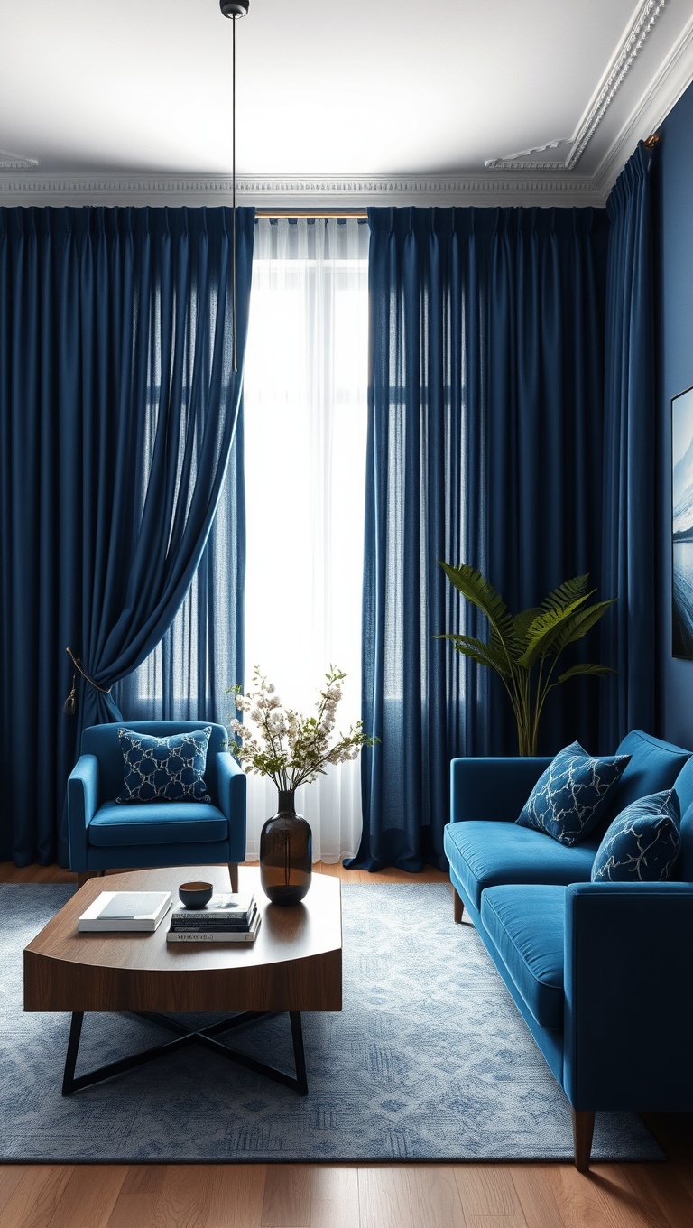20 Stunning Ideas to Create a Dreamy Blue Living Room - 7. Adding Depth with Dark Blue Curtains