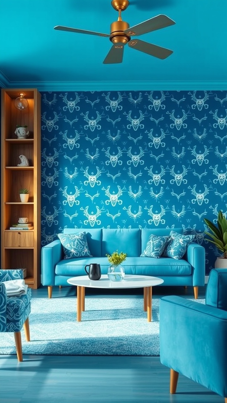 20 Stunning Ideas to Create a Dreamy Blue Living Room - 17. Playful Blue Patterns on Wallpaper