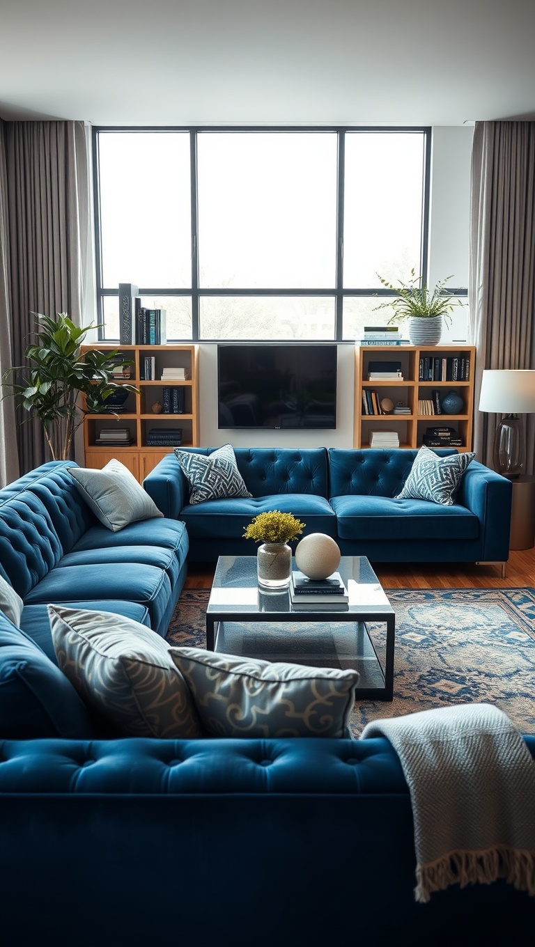 20 Stunning Ideas to Create a Dreamy Blue Living Room - 5. Elegant Blue Velvet Sofas