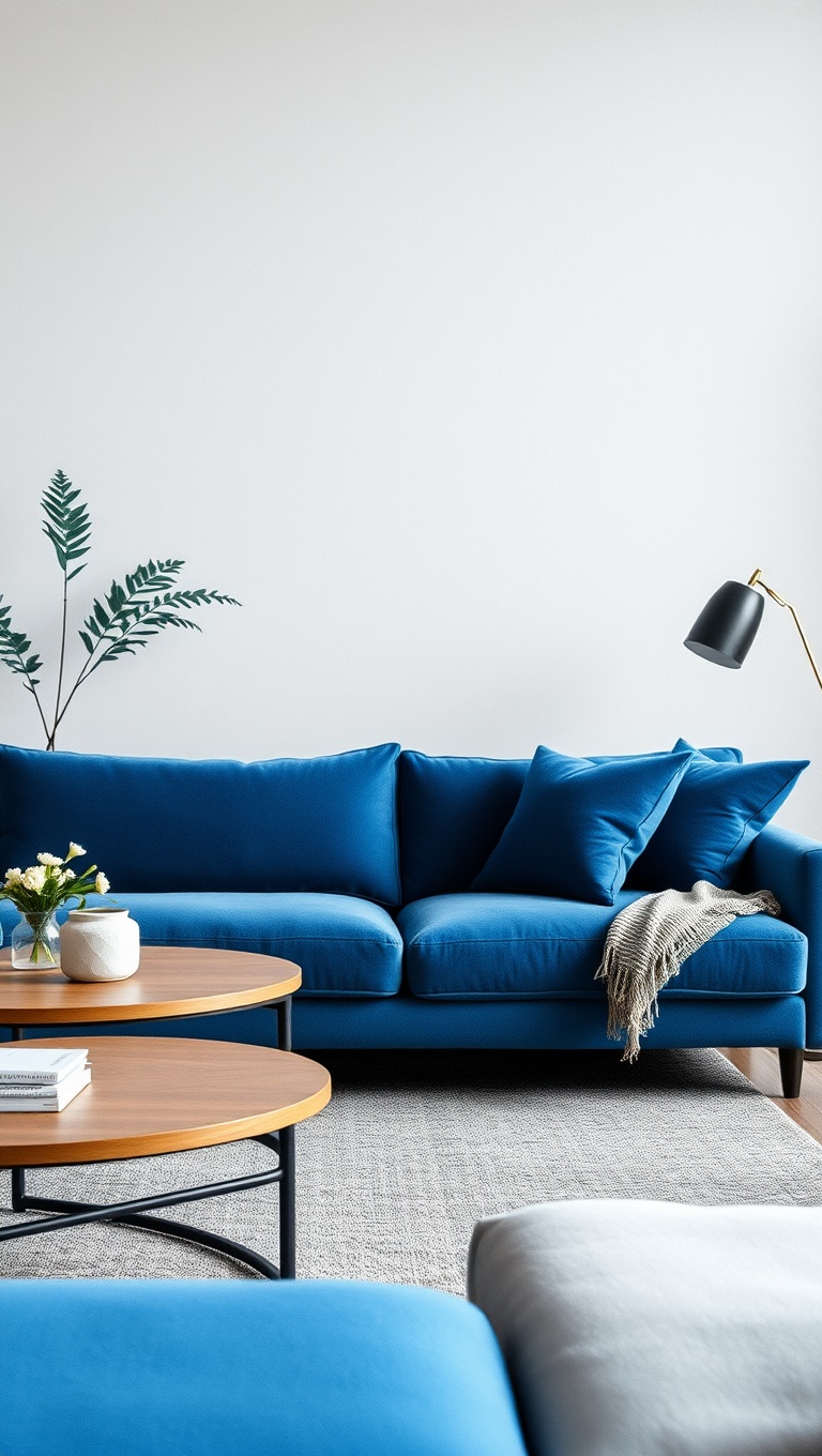 20 Fabulous Ideas for Styling Your Blue Sofa Living Room - 6. Mix Textures: Velvet Meets Linen