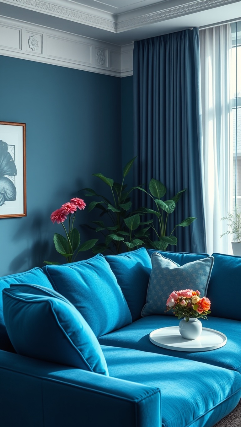 20 Fabulous Ideas for Styling Your Blue Sofa Living Room - 18. Incorporate Greenery: Plants and Flowers