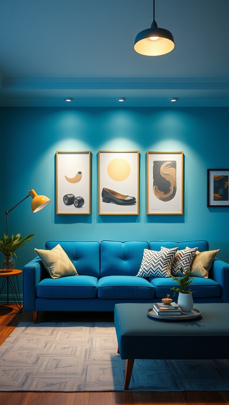 20 Fabulous Ideas for Styling Your Blue Sofa Living Room - 16. Brighten with Light Fixtures