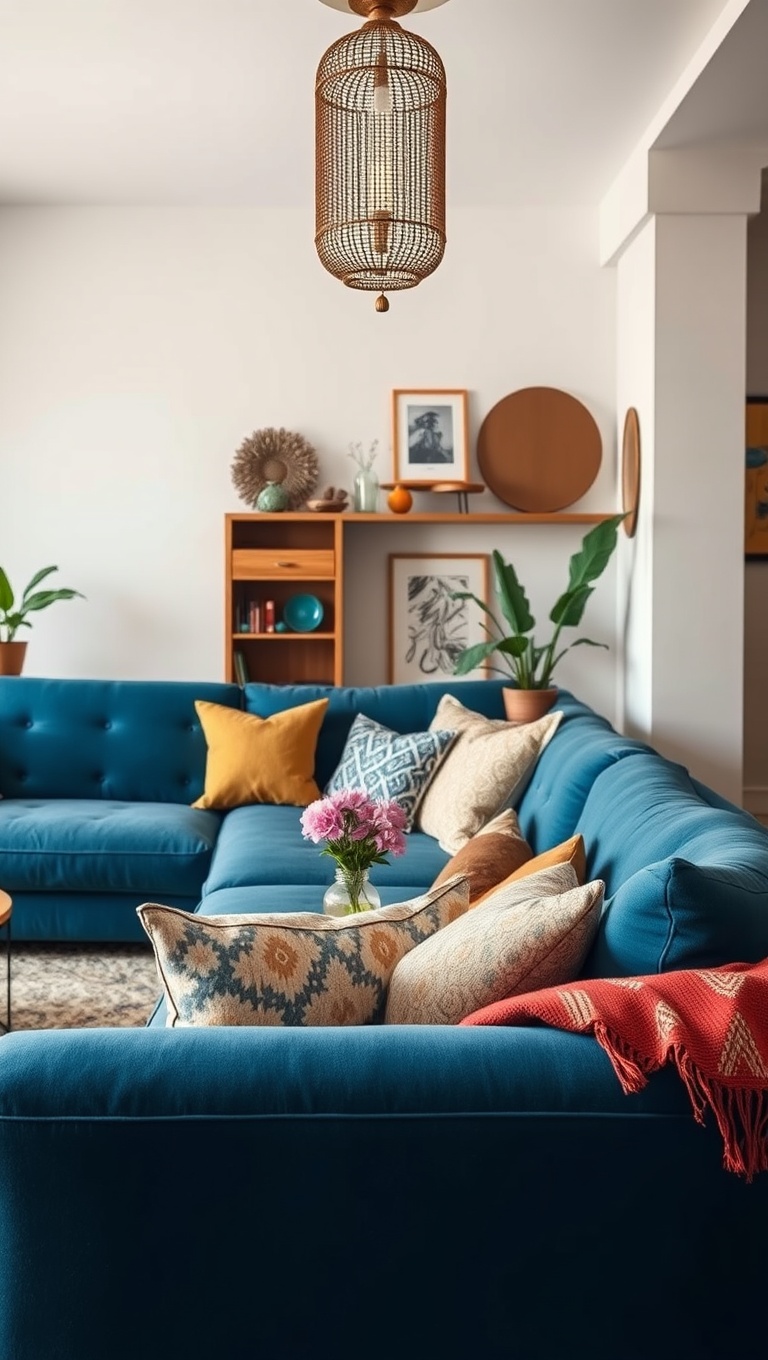20 Fabulous Ideas for Styling Your Blue Sofa Living Room - 8. Embrace the Boho Chic Style