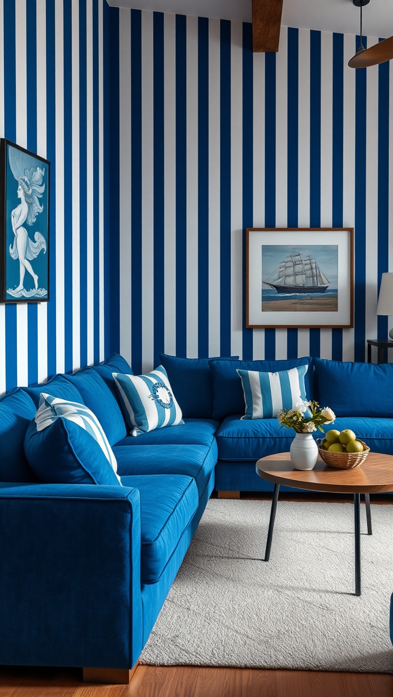 20 Fabulous Ideas for Styling Your Blue Sofa Living Room - 4. Nautical Vibes: Blue and White Stripes