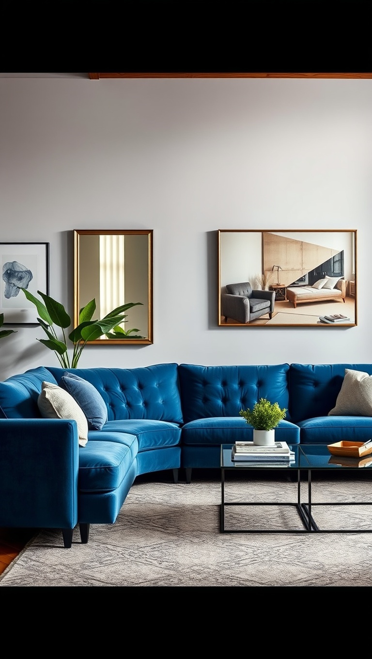 20 Fabulous Ideas for Styling Your Blue Sofa Living Room - 17. Use Mirrors to Expand Space
