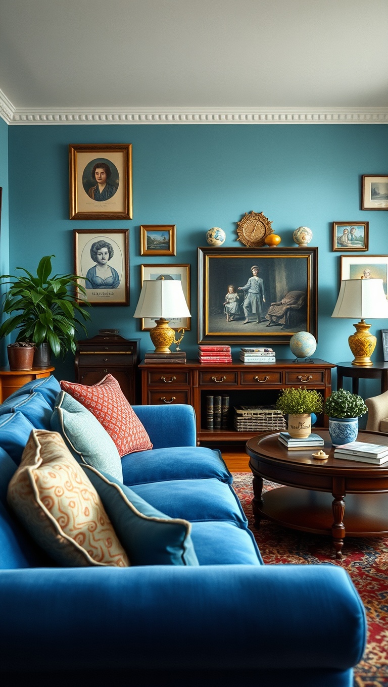 20 Fabulous Ideas for Styling Your Blue Sofa Living Room - 14. Vintage Finds: Thrift Store Treasures