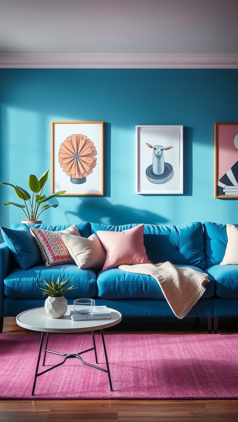 20 Fabulous Ideas for Styling Your Blue Sofa Living Room - 9. Add a Pop of Pink