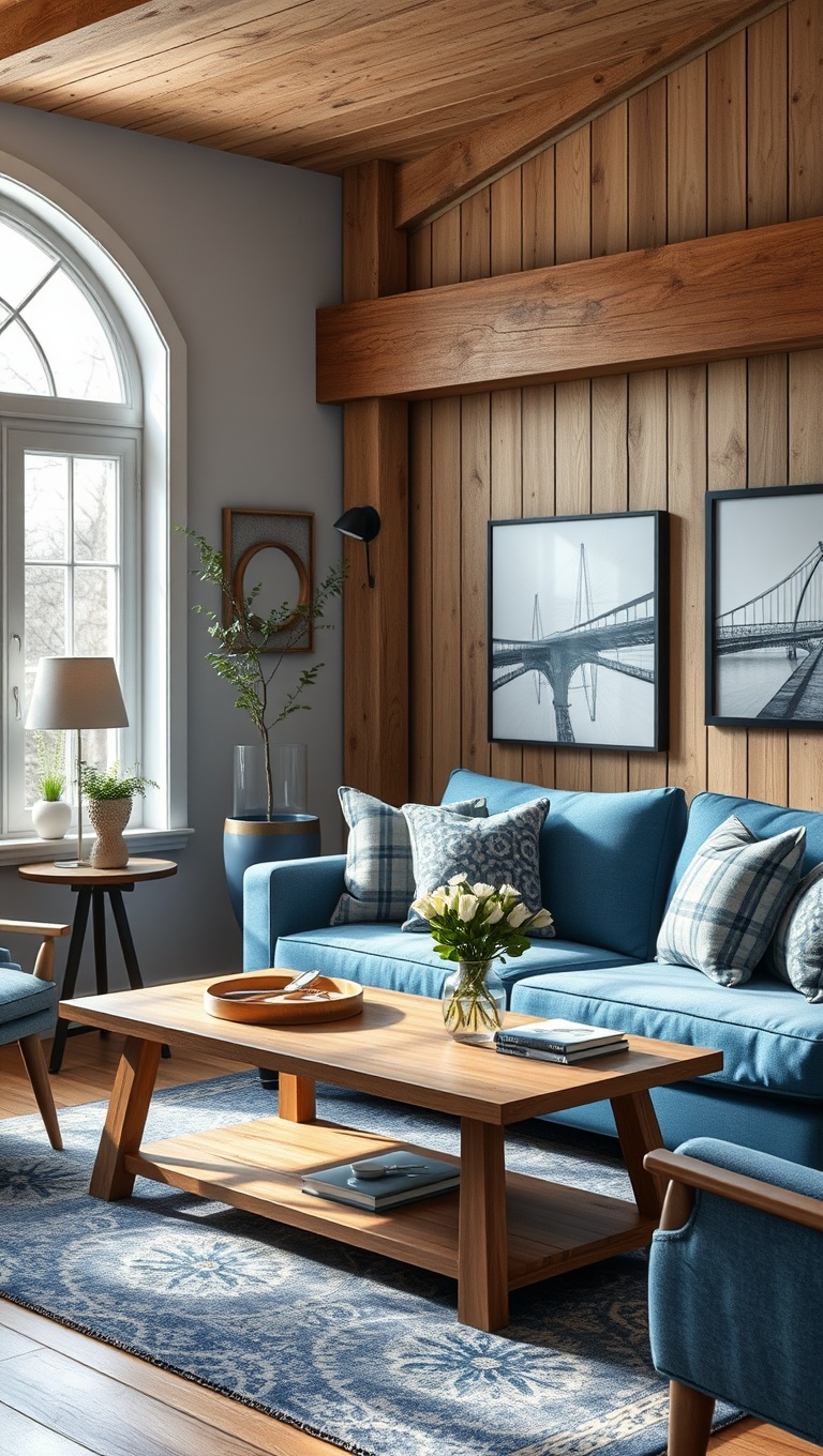 20 Fabulous Ideas for Styling Your Blue Sofa Living Room - 10. Rustic Charm: Blue and Wood