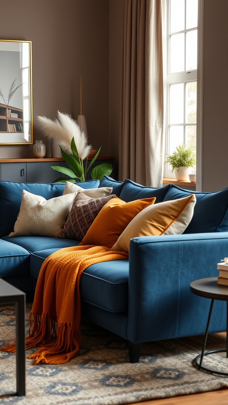 20 Fabulous Ideas for Styling Your Blue Sofa Living Room - 1. Pair with Warm Neutrals: Cozy Combinations
