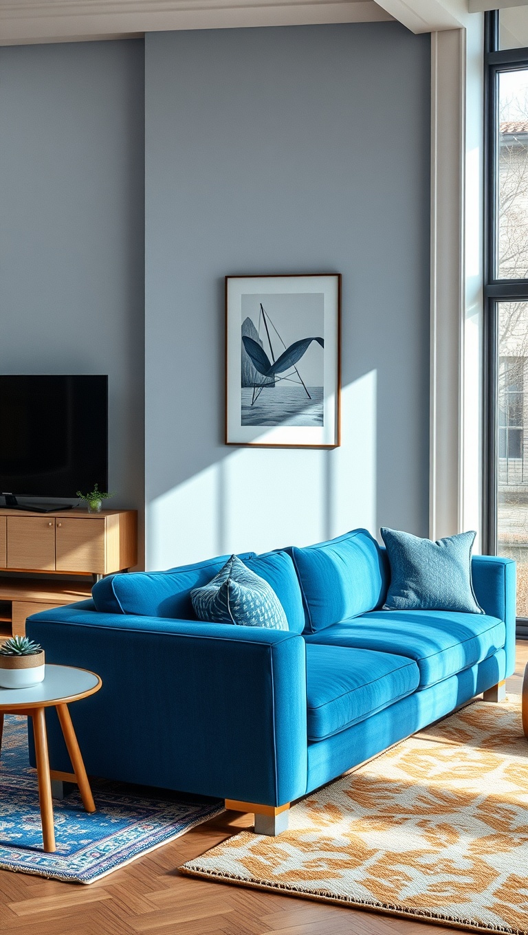 20 Fabulous Ideas for Styling Your Blue Sofa Living Room - 13. Layer with Area Rugs