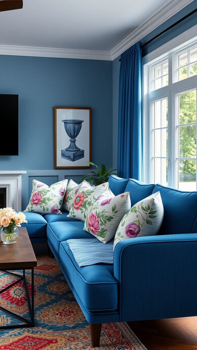 20 Fabulous Ideas for Styling Your Blue Sofa Living Room - 11. Floral Throw Pillows for a Fresh Look