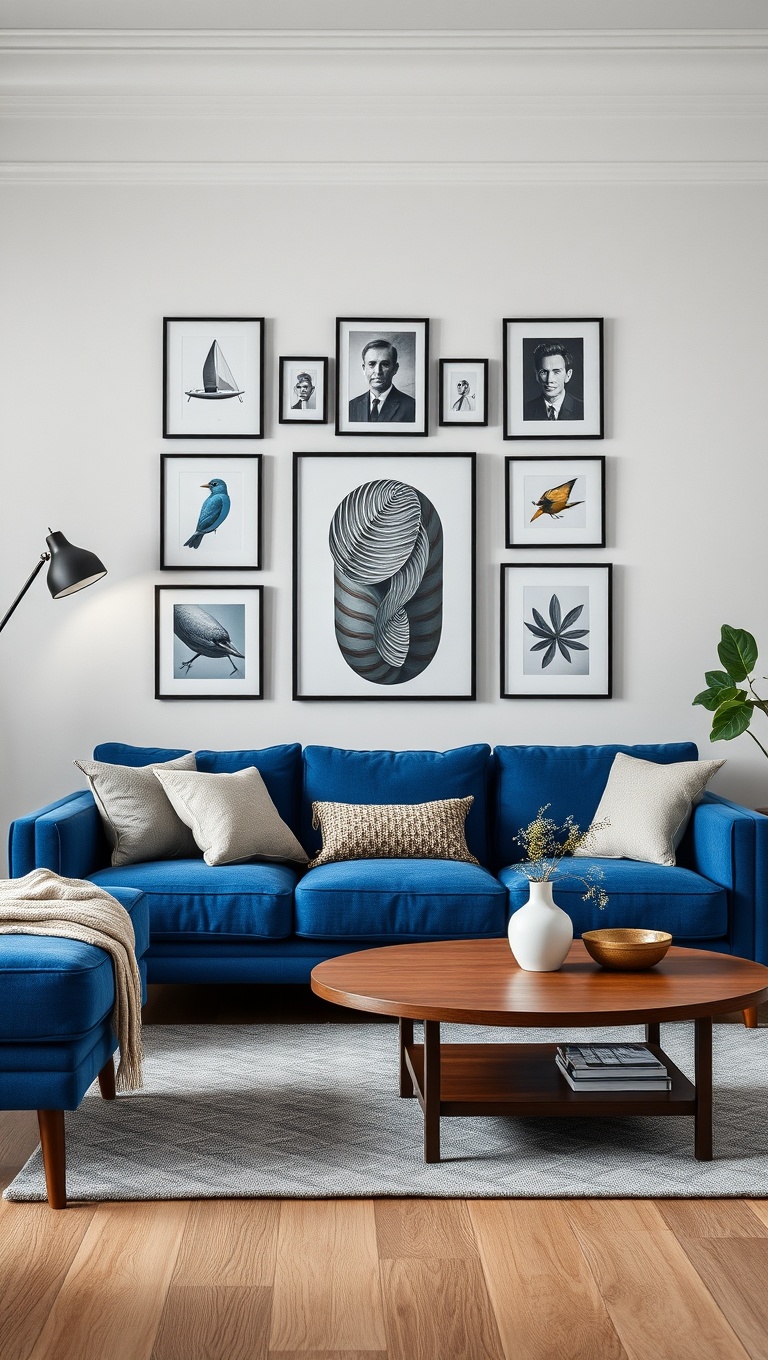 20 Fabulous Ideas for Styling Your Blue Sofa Living Room - 15. Create a Gallery Wall