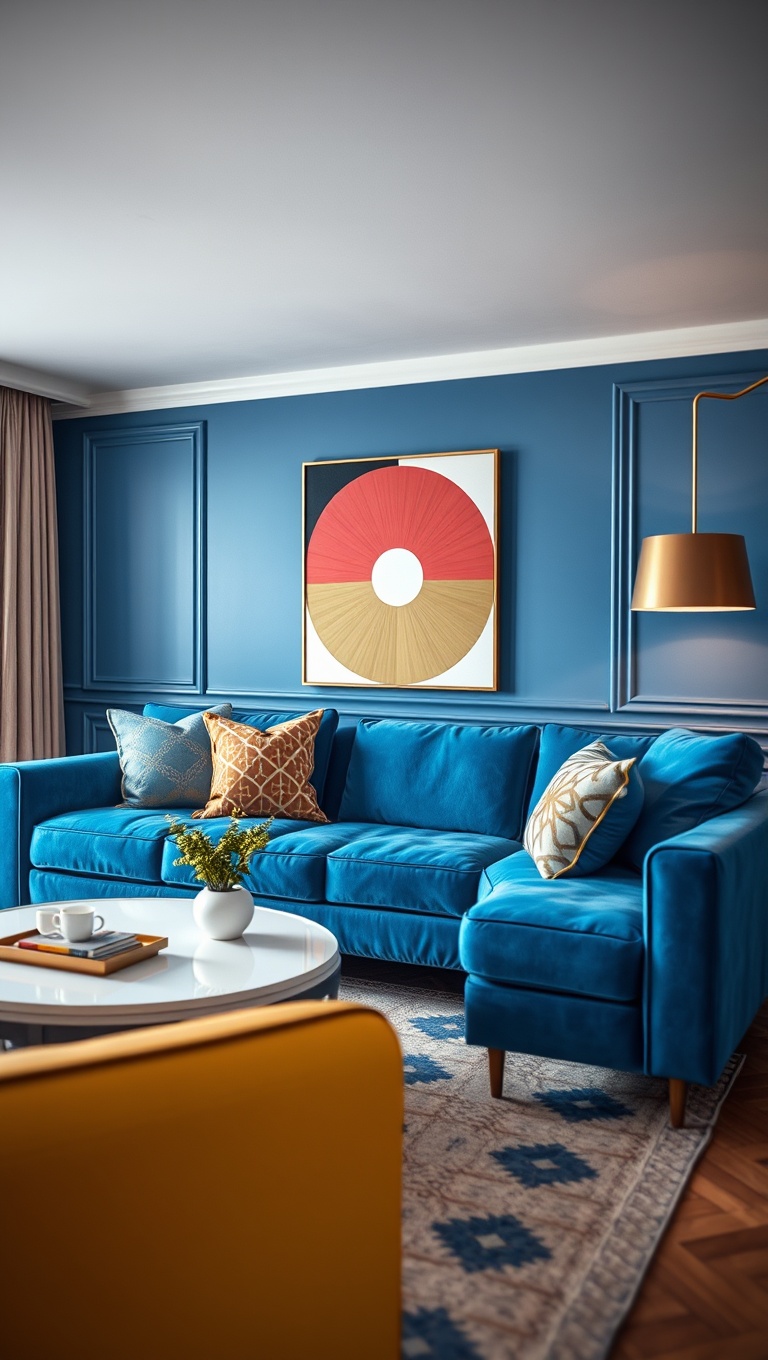 20 Fabulous Ideas for Styling Your Blue Sofa Living Room - 3. Go Bold with Geometric Patterns