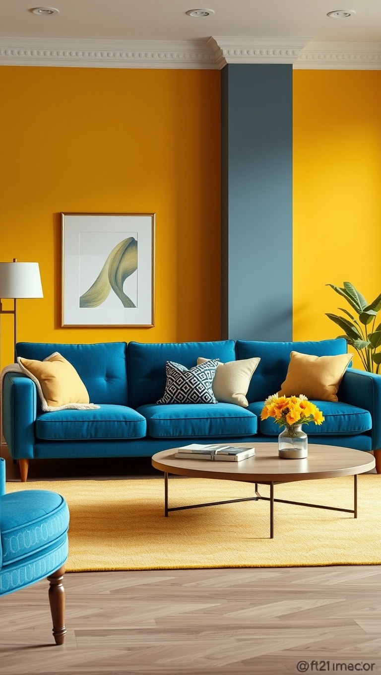20 Fabulous Ideas for Styling Your Blue Sofa Living Room - 2. Brighten Up with Yellow Accents