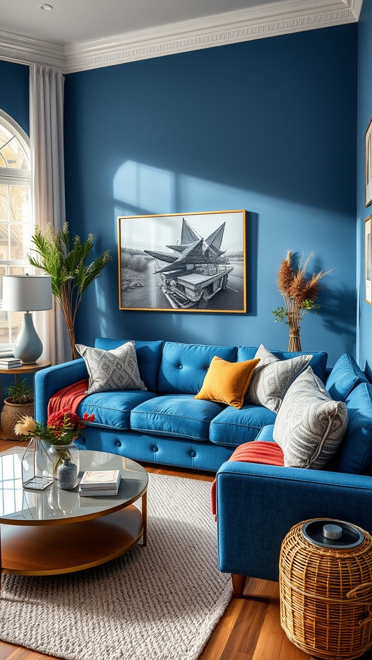 20 Fabulous Ideas for Styling Your Blue Sofa Living Room - 20. Seasonal Decor: Change it Up!