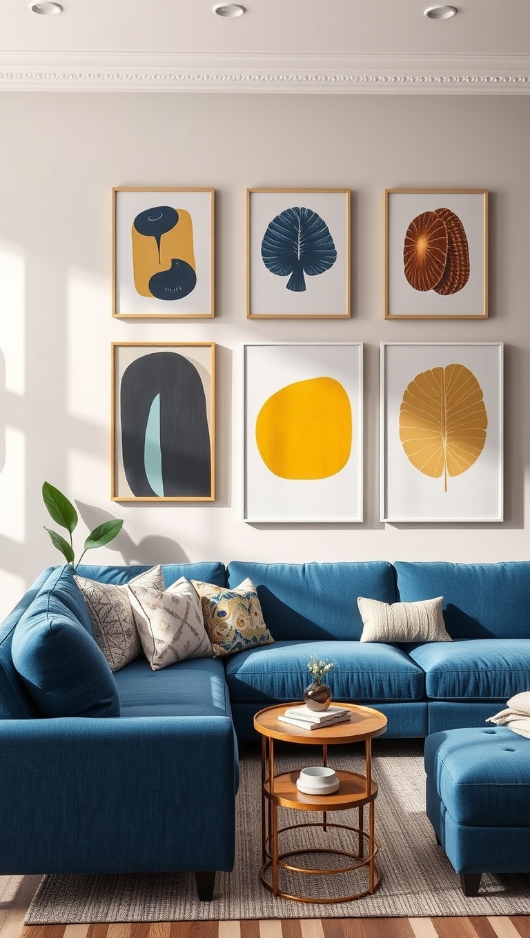 20 Fabulous Ideas for Styling Your Blue Sofa Living Room - 12. Modern Art: Wall Decor Inspiration