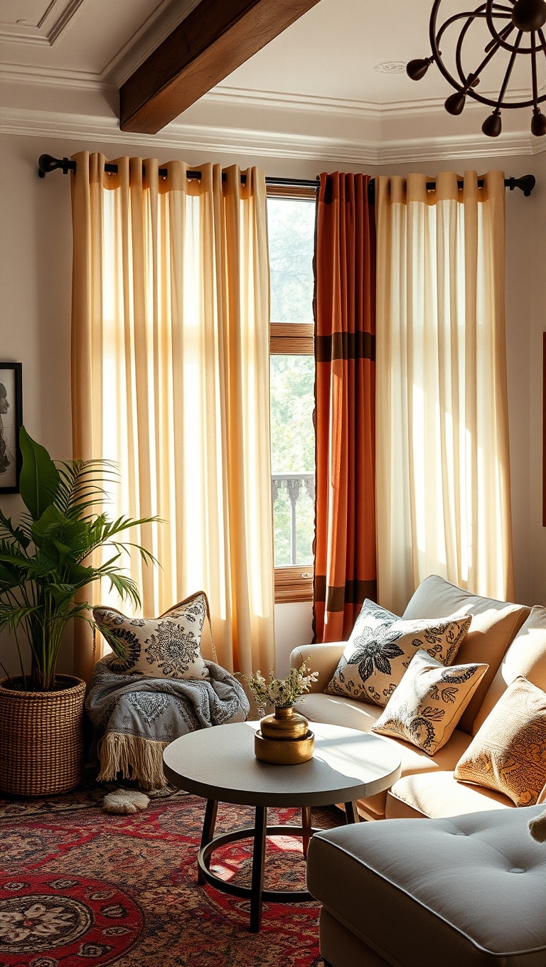 20 Boho Living Room Ideas That Bring Cozy Vibes and Unique Style - 13. Bohemian Curtains: Go for Sheer and Flowing Fabrics