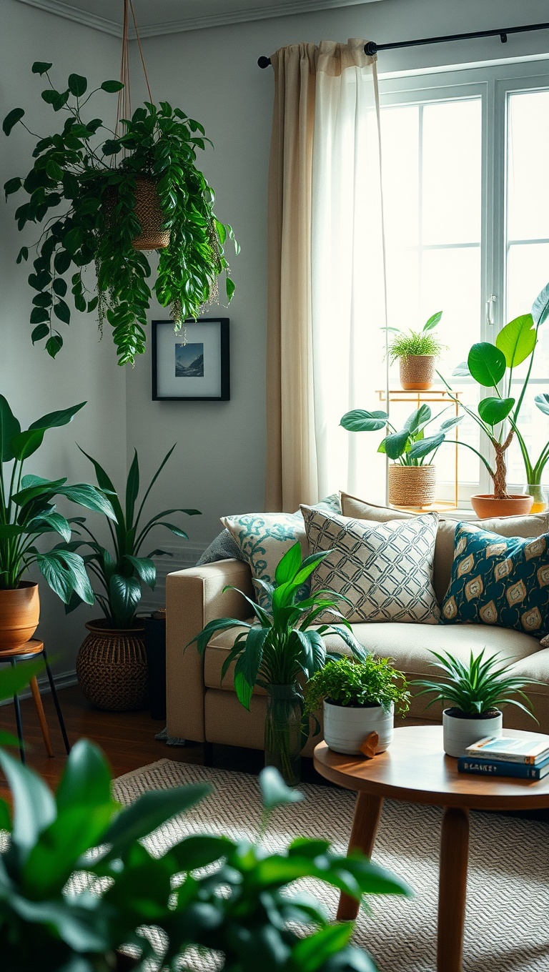 20 Boho Living Room Ideas That Bring Cozy Vibes and Unique Style - 6. Plants Galore: Bring Nature Indoors with Greenery