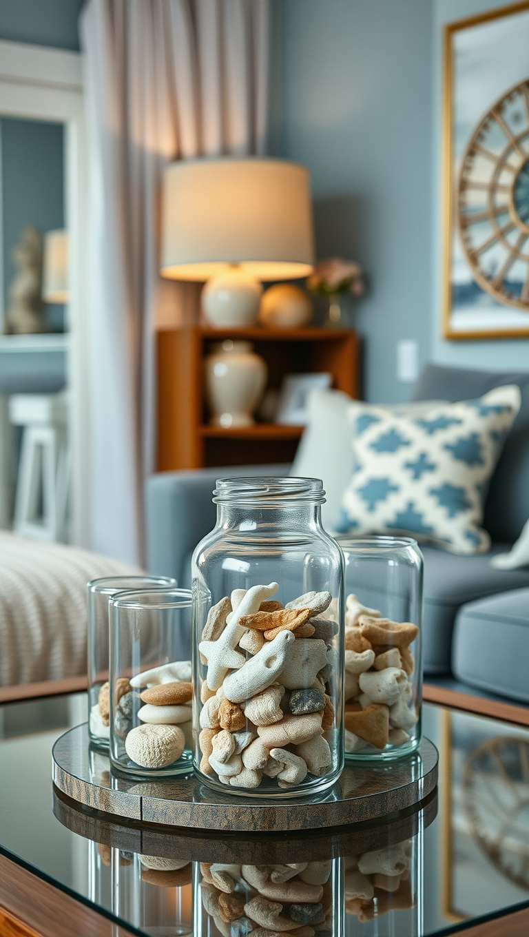 20 Coastal Living Room Ideas to Make a Splash! - Glass Jars Filled with Beach Finds