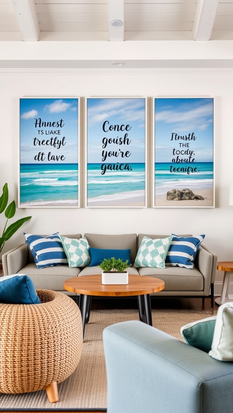 20 Coastal Living Room Ideas to Make a Splash! - Beachy Wall Art with Inspirational Quotes