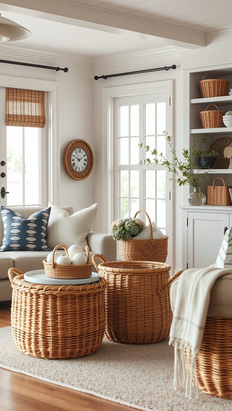 20 Coastal Living Room Ideas to Make a Splash! - Baskets for Stylish Storage Solutions