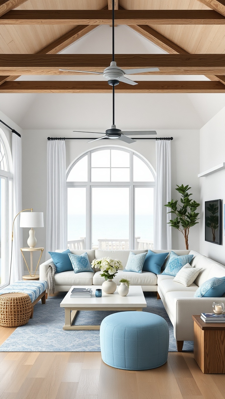 20 Coastal Living Room Ideas to Make a Splash! - Bright White Walls with Ocean Blue Accents