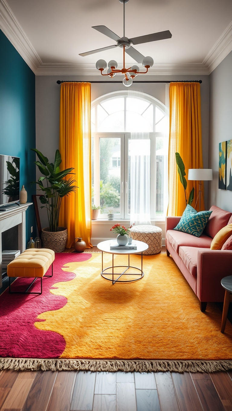 20 Vibrant Ideas to Transform Your Living Room into a Colorful Oasis - 3. Bright Area Rugs: Ground Your Space with Cheer