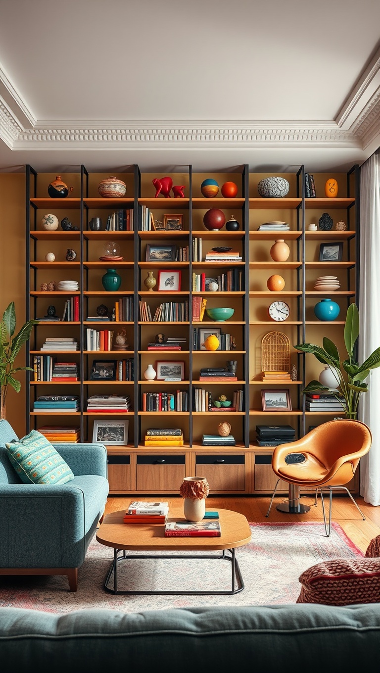 20 Vibrant Ideas to Transform Your Living Room into a Colorful Oasis - 14. Unique Shelving: Showcase Colorful Collectibles
