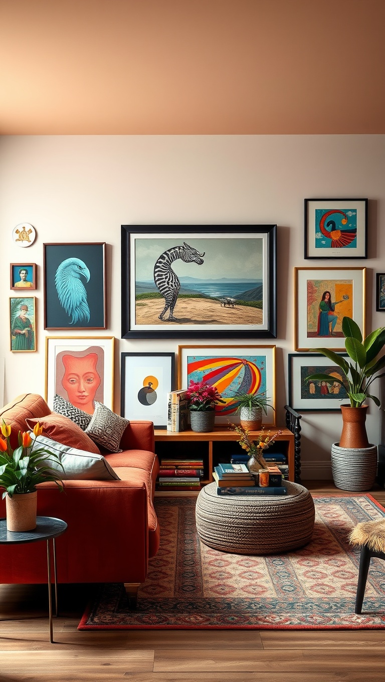 20 Vibrant Ideas to Transform Your Living Room into a Colorful Oasis - 4. Eclectic Art Gallery: Showcase Your Creativity