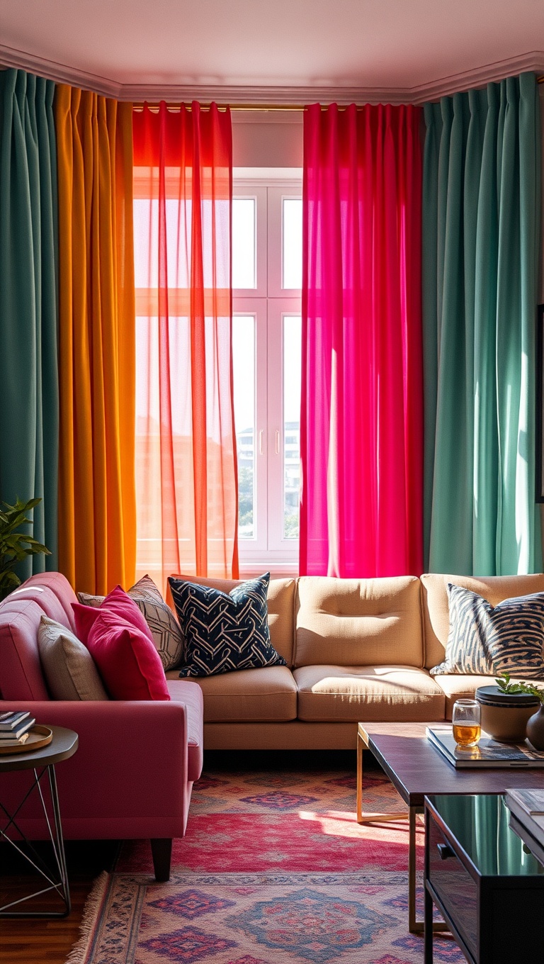 20 Vibrant Ideas to Transform Your Living Room into a Colorful Oasis - 6. Vibrant Curtains: Frame Your Views Brightly