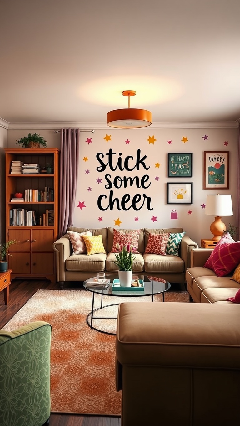 20 Vibrant Ideas to Transform Your Living Room into a Colorful Oasis - 10. Fun Wall Decals: Stick on Some Cheer